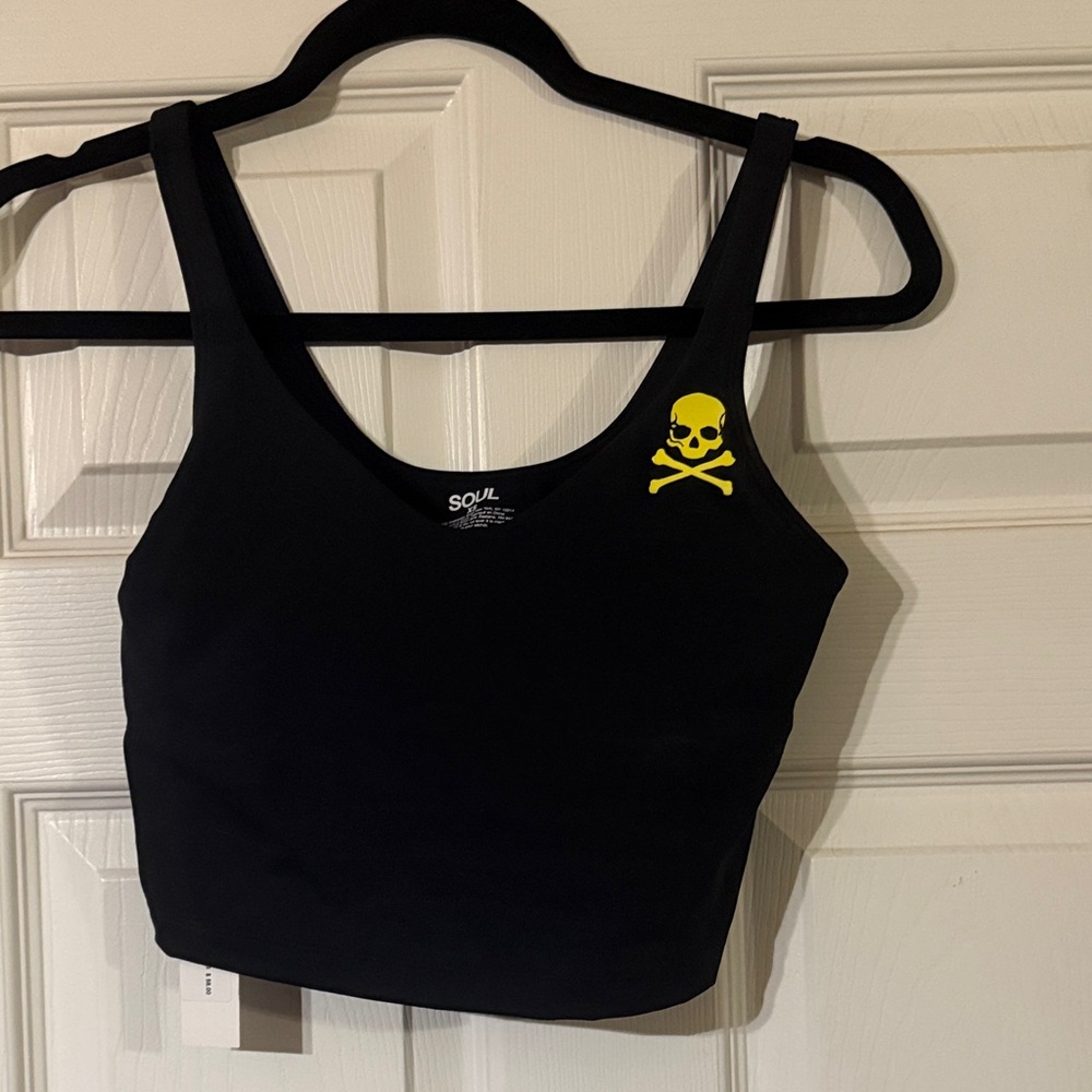 NWT Soul XS Black Lined Sports Bra with Yellow Skull Design
